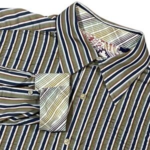 Robert Graham L/S Striped Button Up Shirt Men's Large Plaid Flip Cuff Green
